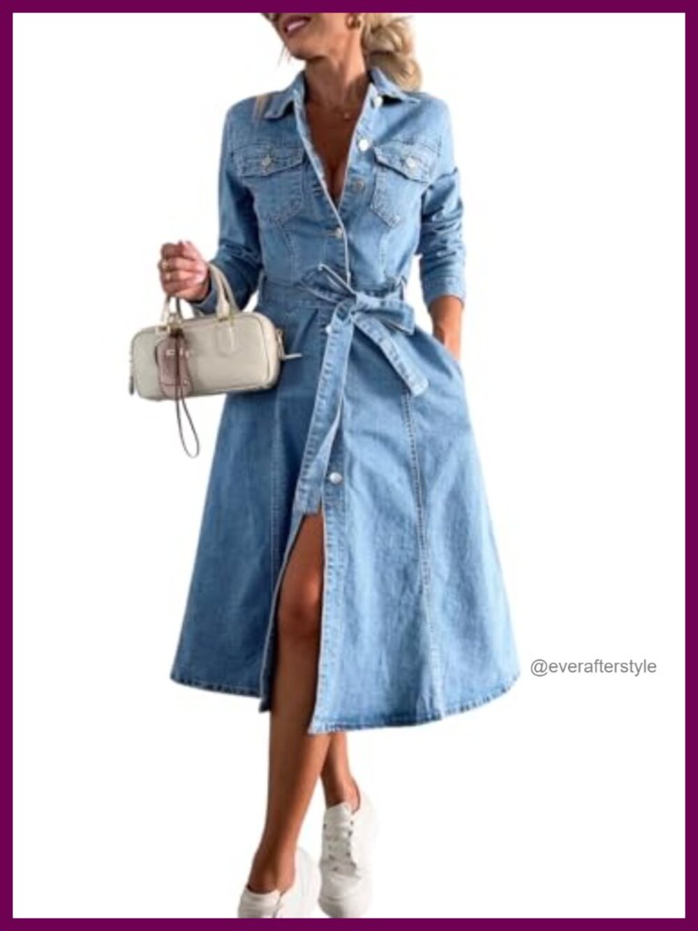 Women's Long Sleeve Belted Denim Shirt Dress A-Line Midi Business Casual